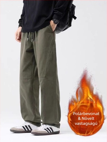 Férfi pamut nadrág fleece-belelt, egyenes szárú, középmagas derék, fűzőzárral záródik