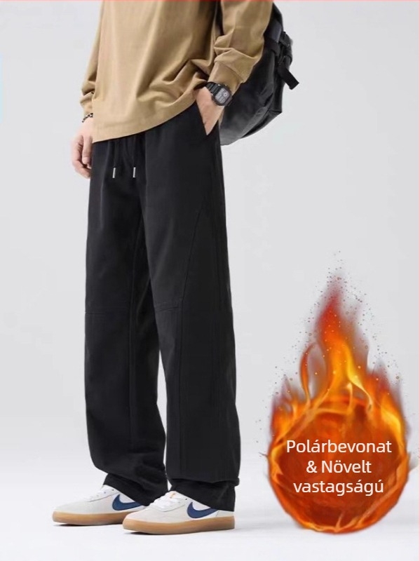 Férfi pamut nadrág fleece-belelt, egyenes szárú, középmagas derék, fűzőzárral záródik