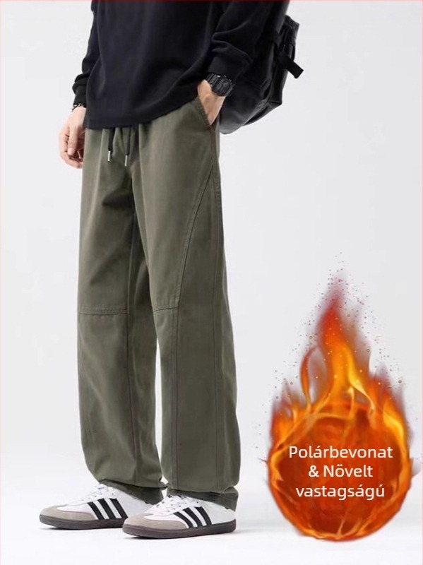 Férfi pamut nadrág fleece-belelt, egyenes szárú, középmagas derék, fűzőzárral záródik