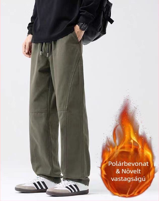 Férfi pamut nadrág fleece-belelt, egyenes szárú, középmagas derék, fűzőzárral záródik