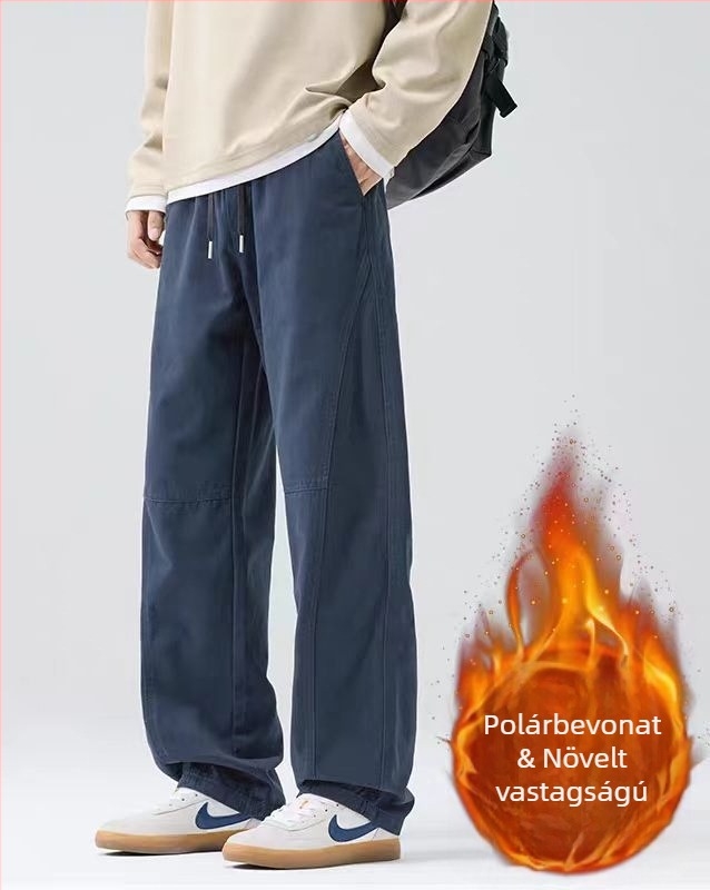Férfi pamut nadrág fleece-belelt, egyenes szárú, középmagas derék, fűzőzárral záródik