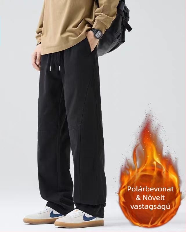Férfi pamut nadrág fleece-belelt, egyenes szárú, középmagas derék, fűzőzárral záródik