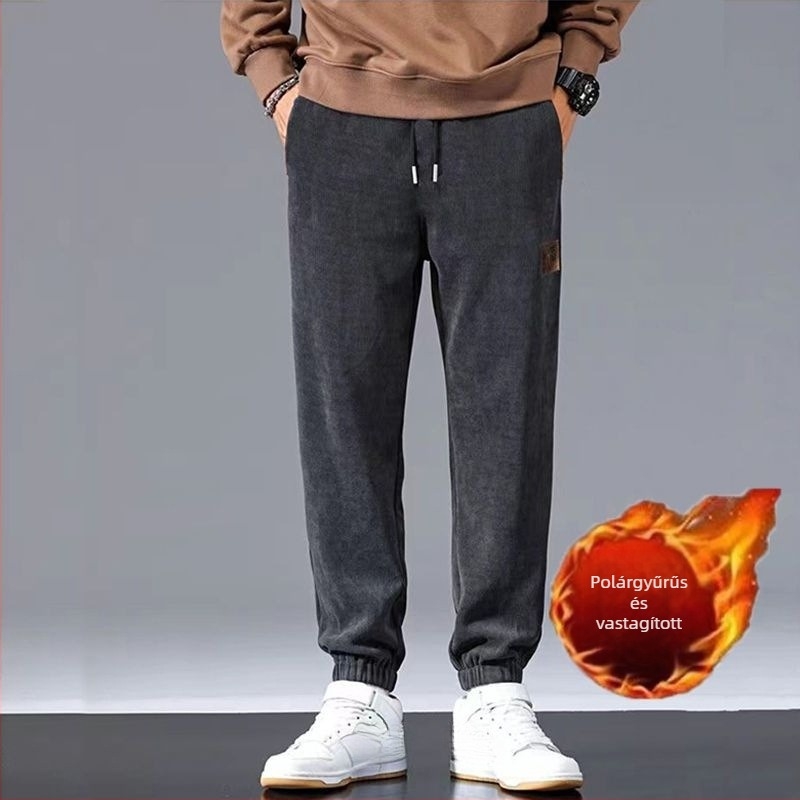 Férfiaknak készült vastag fleece-lágyított velúr Cupro rostból készült egyenes szabású nadrág, 9/10 hossz, mikroelasztikus