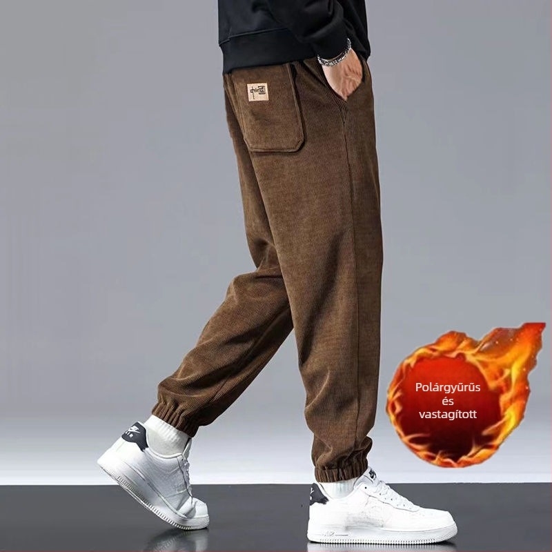 Férfiaknak készült vastag fleece-lágyított velúr Cupro rostból készült egyenes szabású nadrág, 9/10 hossz, mikroelasztikus