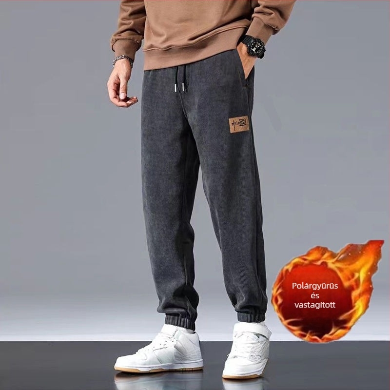 Férfiaknak készült vastag fleece-lágyított velúr Cupro rostból készült egyenes szabású nadrág, 9/10 hossz, mikroelasztikus