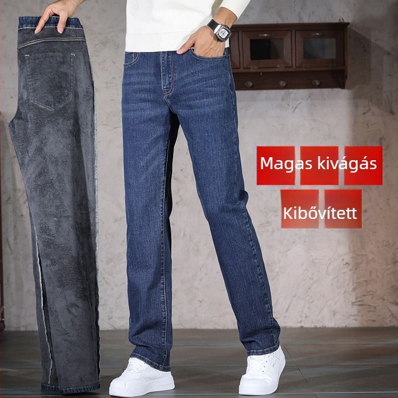 Férfi denim farmernadrág – fleece bélés, középmagas derék, egyenes szabás, mikroelasztikusság, őszi 2025