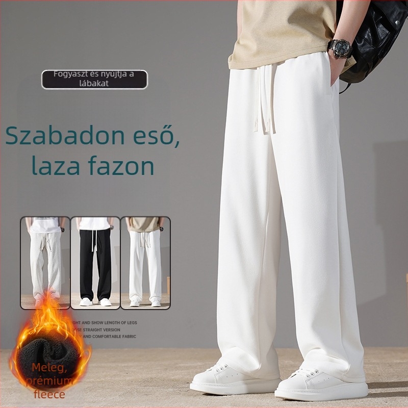 Uniszex pamut sportnadrág fleece béléses, középmagas derekú, laza egyenes szabás