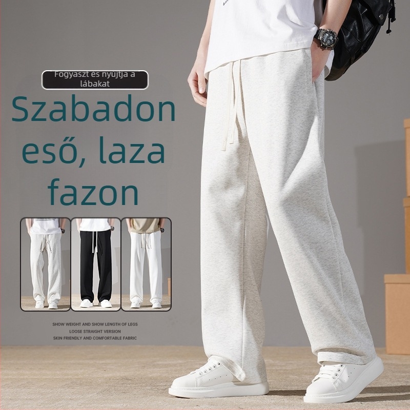 Uniszex pamut sportnadrág fleece béléses, középmagas derekú, laza egyenes szabás