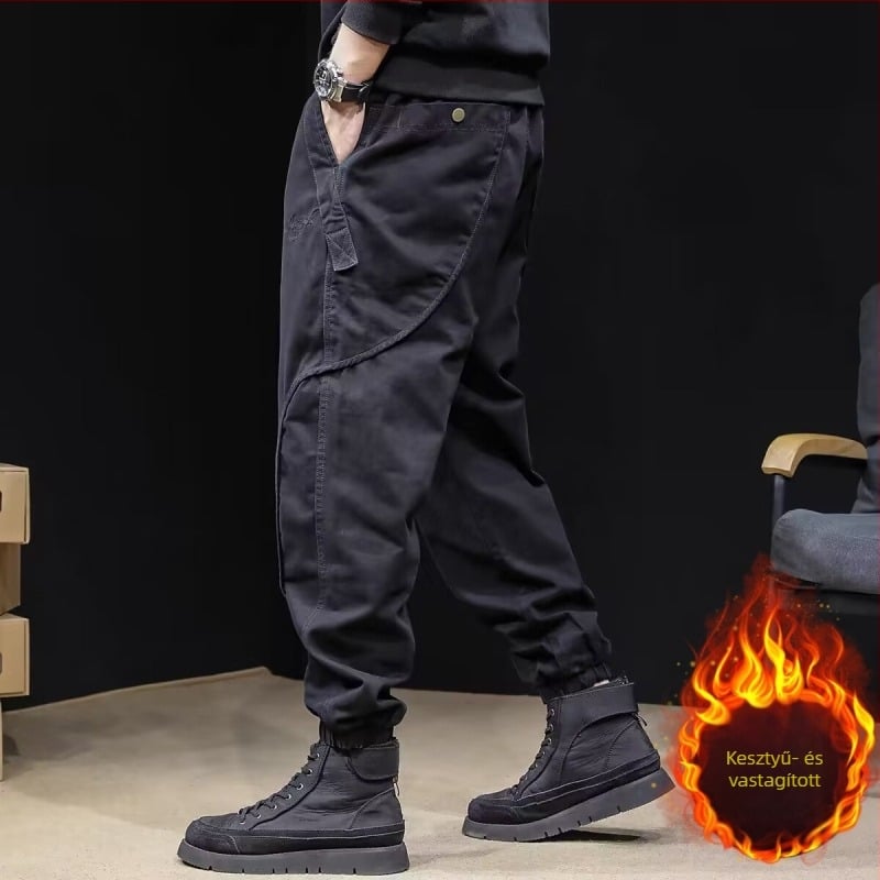 Fleece-béléssel ellátott cargo nadrág férfiaknak, jogger stílus, laza szabás, középső derék, pamut-keverék, tavasz 2025