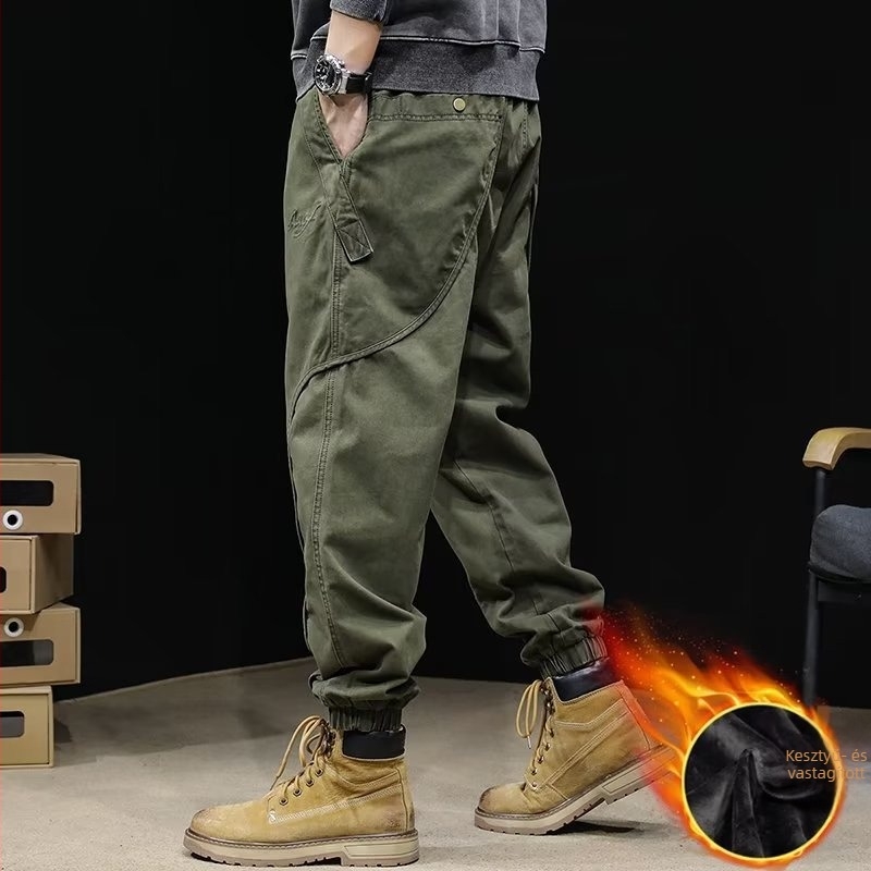 Fleece-béléssel ellátott cargo nadrág férfiaknak, jogger stílus, laza szabás, középső derék, pamut-keverék, tavasz 2025