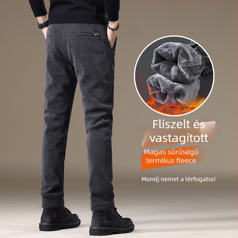 Férfi casual nadrág corduroy fleece béléssel, tapered szabás, hosszú, középmagas derék
