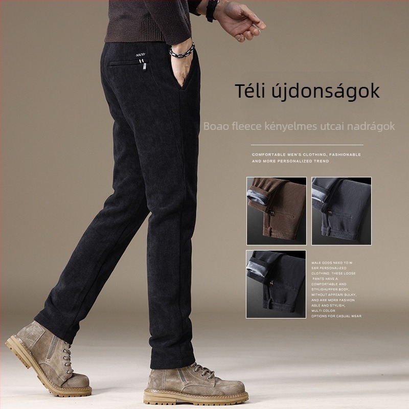 Férfi casual nadrág corduroy fleece béléssel, tapered szabás, hosszú, középmagas derék