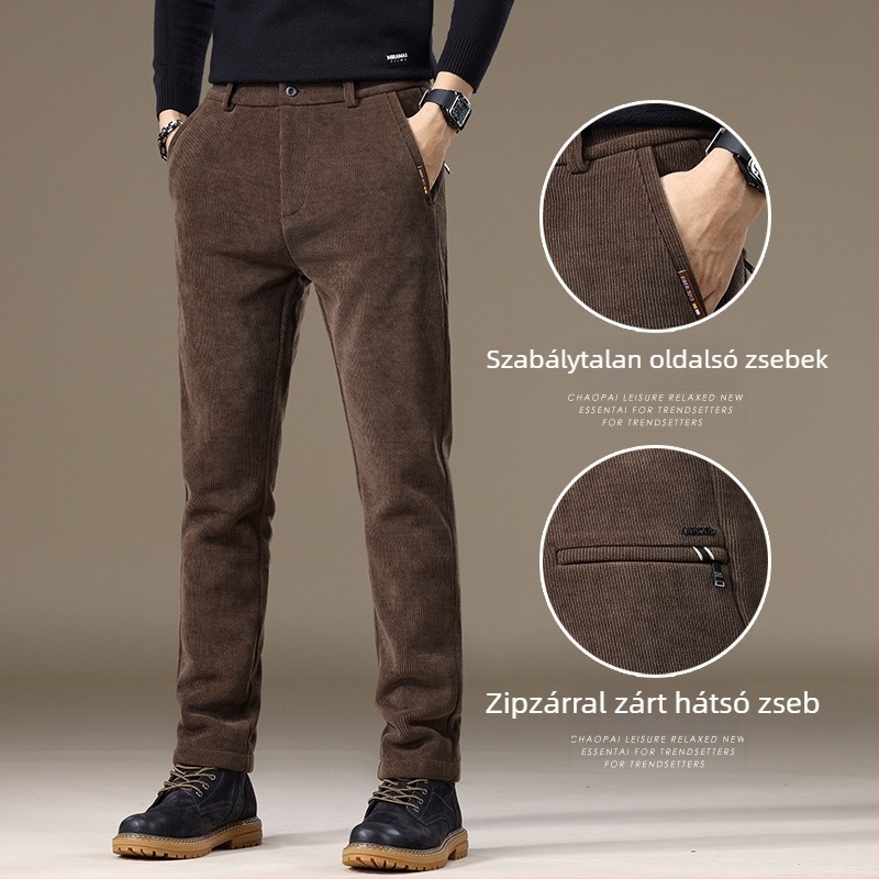 Férfi casual nadrág corduroy fleece béléssel, tapered szabás, hosszú, középmagas derék