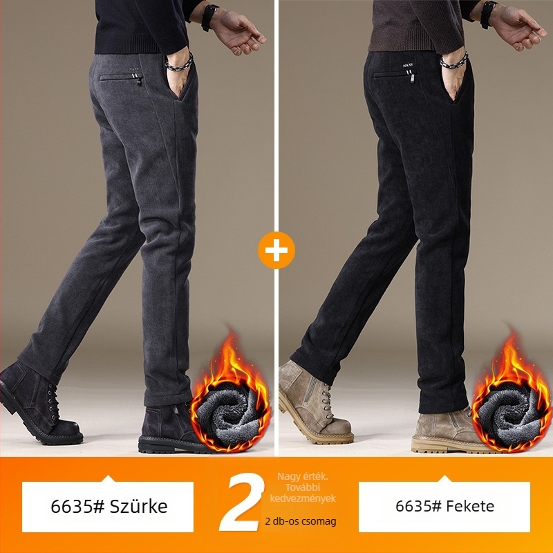 Férfi casual nadrág corduroy fleece béléssel, tapered szabás, hosszú, középmagas derék