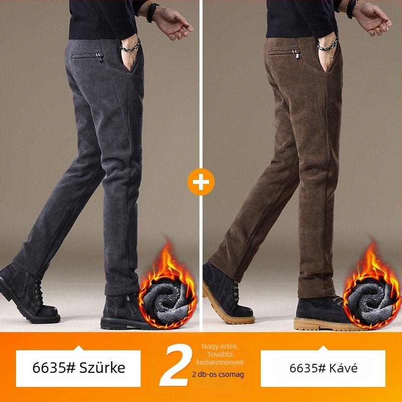 Férfi casual nadrág corduroy fleece béléssel, tapered szabás, hosszú, középmagas derék