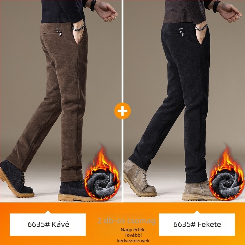 Férfi casual nadrág corduroy fleece béléssel, tapered szabás, hosszú, középmagas derék