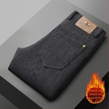 Férfiaknak szóló egyenes szabású casual nadrág gyapjú–gyapot keverékből, fleece béléssel, középmagas derék övvel, cipzáras záródás, mikro-elasztikus anyag