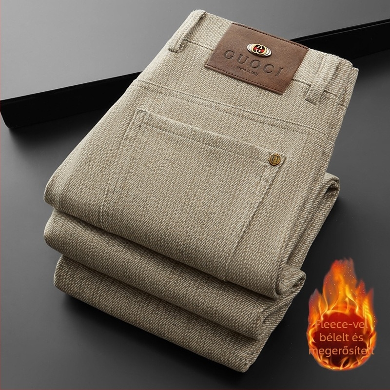Férfiaknak szóló egyenes szabású casual nadrág gyapjú–gyapot keverékből, fleece béléssel, középmagas derék övvel, cipzáras záródás, mikro-elasztikus anyag