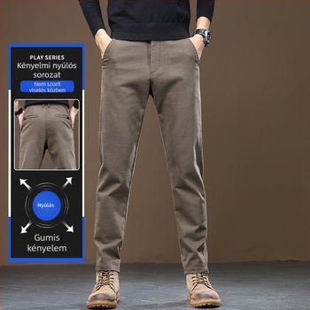Férfi ősz Casual nadrág pamut-keverékből, középmagasságú derékkal, övvel, cipzárral, mikro-elasztikus, egyenes szárú, fleece-béléssel