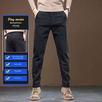 Férfi ősz Casual nadrág pamut-keverékből, középmagasságú derékkal, övvel, cipzárral, mikro-elasztikus, egyenes szárú, fleece-béléssel
