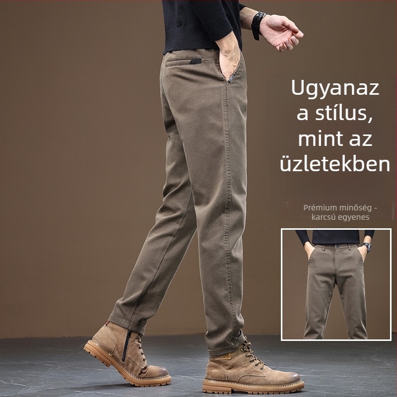 Férfi ősz Casual nadrág pamut-keverékből, középmagasságú derékkal, övvel, cipzárral, mikro-elasztikus, egyenes szárú, fleece-béléssel