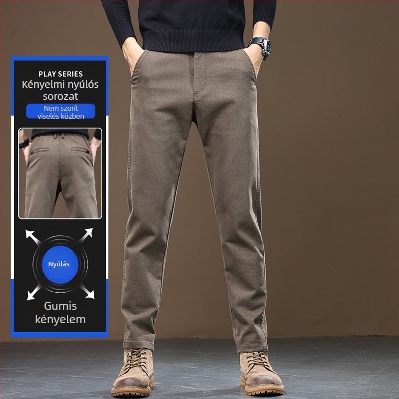 Férfi ősz Casual nadrág pamut-keverékből, középmagasságú derékkal, övvel, cipzárral, mikro-elasztikus, egyenes szárú, fleece-béléssel