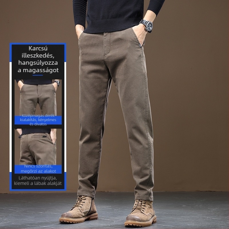 Férfi ősz Casual nadrág pamut-keverékből, középmagasságú derékkal, övvel, cipzárral, mikro-elasztikus, egyenes szárú, fleece-béléssel