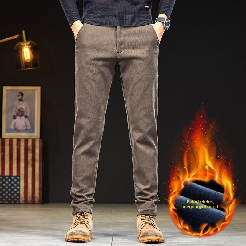 Férfi ősz Casual nadrág pamut-keverékből, középmagasságú derékkal, övvel, cipzárral, mikro-elasztikus, egyenes szárú, fleece-béléssel