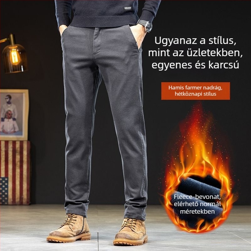 Férfi ősz Casual nadrág pamut-keverékből, középmagasságú derékkal, övvel, cipzárral, mikro-elasztikus, egyenes szárú, fleece-béléssel