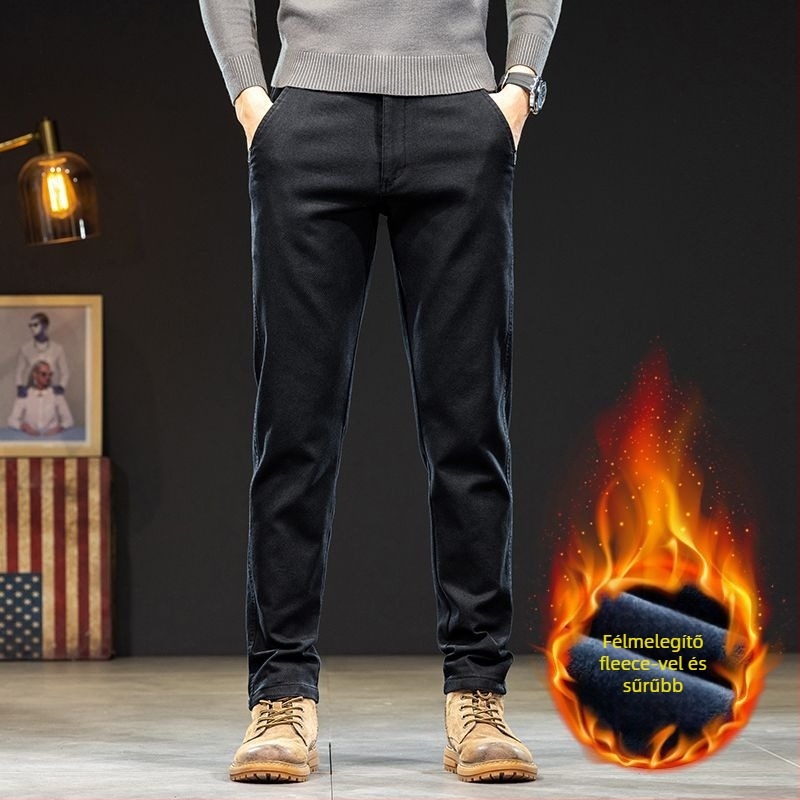 Férfi ősz Casual nadrág pamut-keverékből, középmagasságú derékkal, övvel, cipzárral, mikro-elasztikus, egyenes szárú, fleece-béléssel