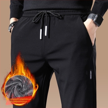 Férfiaknak készült sportos casual nadrág téli fleece-béléssel, egyenes szabású, középmagas derék, kötős zárás, rugalmas poliészter anyag