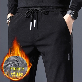 Férfiaknak készült sportos casual nadrág téli fleece-béléssel, egyenes szabású, középmagas derék, kötős zárás, rugalmas poliészter anyag
