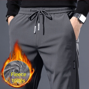 Férfiaknak készült sportos casual nadrág téli fleece-béléssel, egyenes szabású, középmagas derék, kötős zárás, rugalmas poliészter anyag