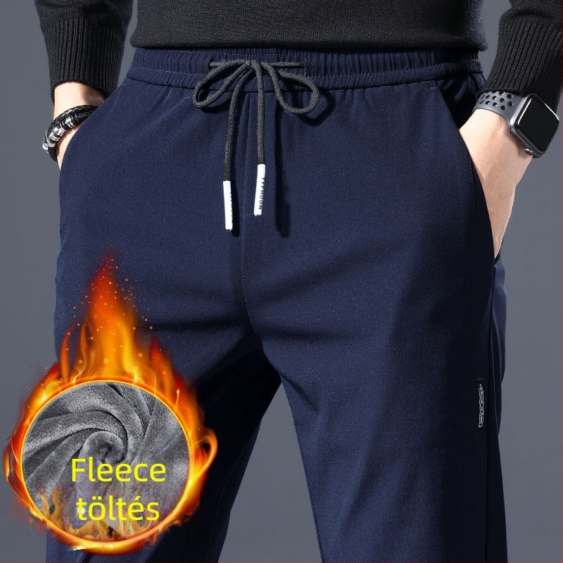 Férfiaknak készült sportos casual nadrág téli fleece-béléssel, egyenes szabású, középmagas derék, kötős zárás, rugalmas poliészter anyag