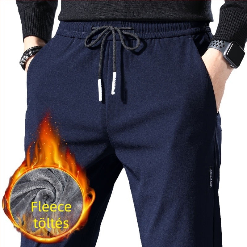 Férfiaknak készült sportos casual nadrág téli fleece-béléssel, egyenes szabású, középmagas derék, kötős zárás, rugalmas poliészter anyag