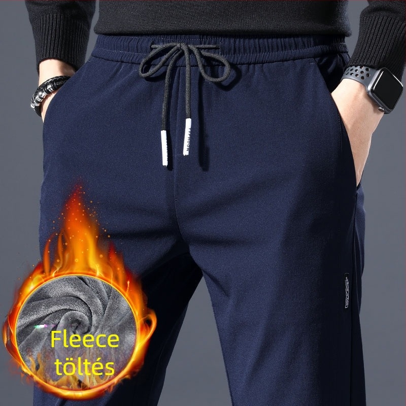 Férfiaknak készült sportos casual nadrág téli fleece-béléssel, egyenes szabású, középmagas derék, kötős zárás, rugalmas poliészter anyag
