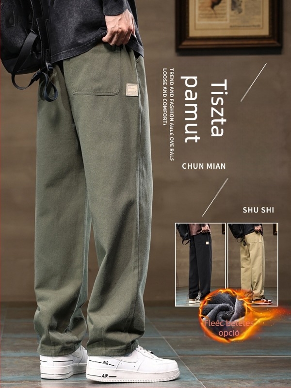 Férfi cargo nadrágok, laza egyenes szabás, 100% pamut, fleece-béléses vastagított téli változat, középmagas derekú, kötőzár