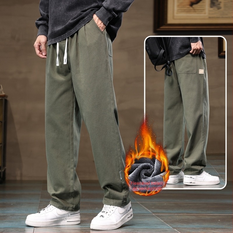 Férfi cargo nadrágok, laza egyenes szabás, 100% pamut, fleece-béléses vastagított téli változat, középmagas derekú, kötőzár