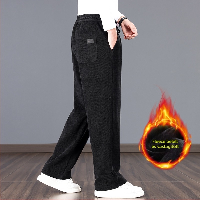 Férfi széles lábú nadrág ősz-télre, chenille anyag, övvel, Hongkong-stílus
