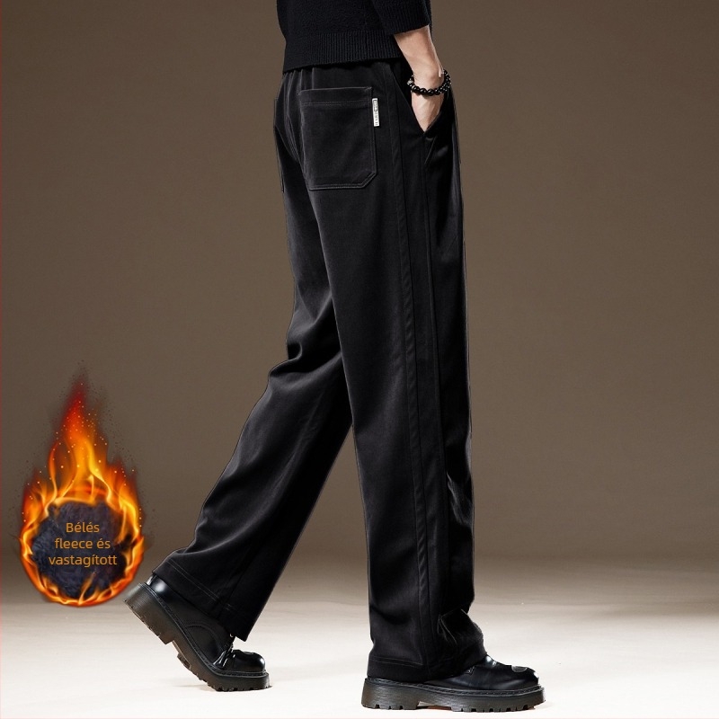 Férfiak számára készült casual nadrág, széles szabású drapált dizájn, középmagas derék, övvel, kötős zárás, chenille poliészter anyag, több zseb, utcai stílus