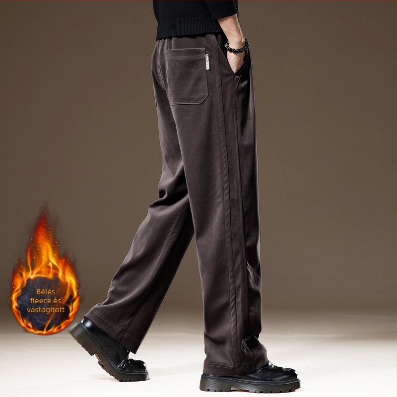 Férfiak számára készült casual nadrág, széles szabású drapált dizájn, középmagas derék, övvel, kötős zárás, chenille poliészter anyag, több zseb, utcai stílus