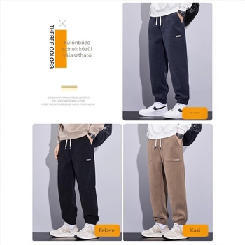 Férfi Corduroy sportos mindennapi nadrág, 65% pamut keverék, vastag téli modell, középmagas derék, övvel (2024)