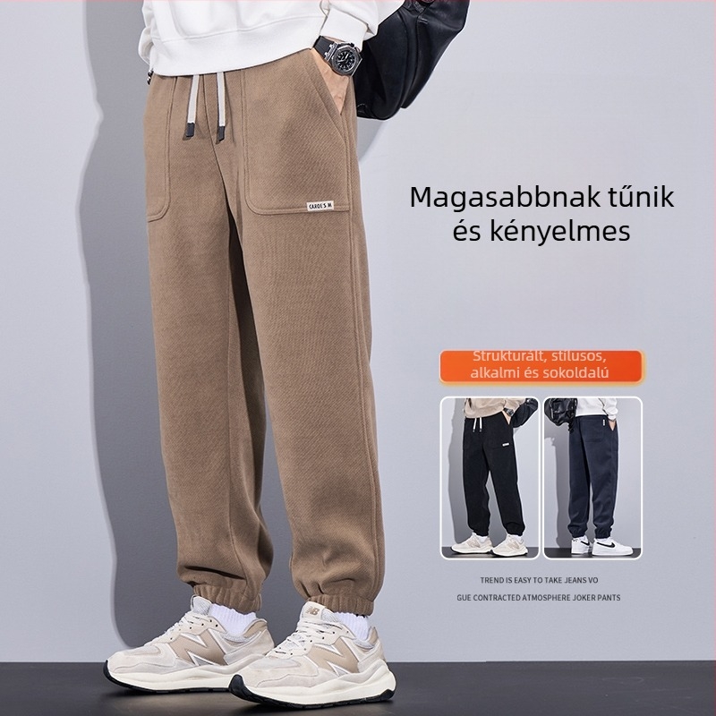 Férfi Corduroy sportos mindennapi nadrág, 65% pamut keverék, vastag téli modell, középmagas derék, övvel (2024)