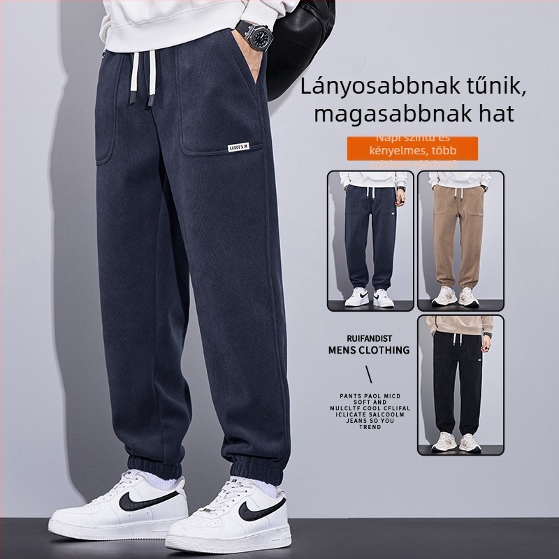 Férfi Corduroy sportos mindennapi nadrág, 65% pamut keverék, vastag téli modell, középmagas derék, övvel (2024)