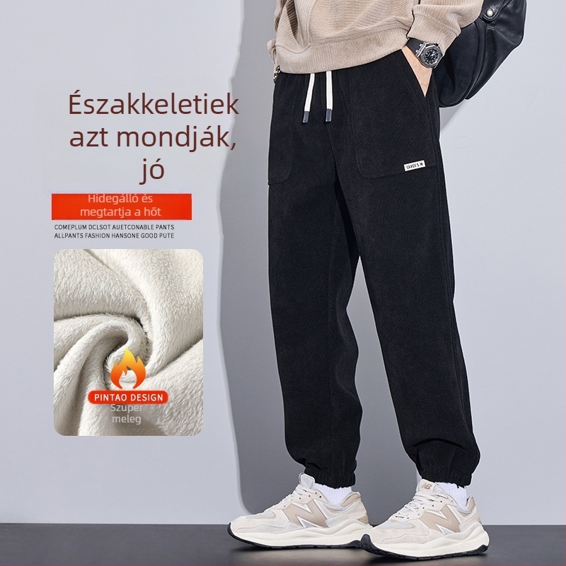 Férfi Corduroy sportos mindennapi nadrág, 65% pamut keverék, vastag téli modell, középmagas derék, övvel (2024)