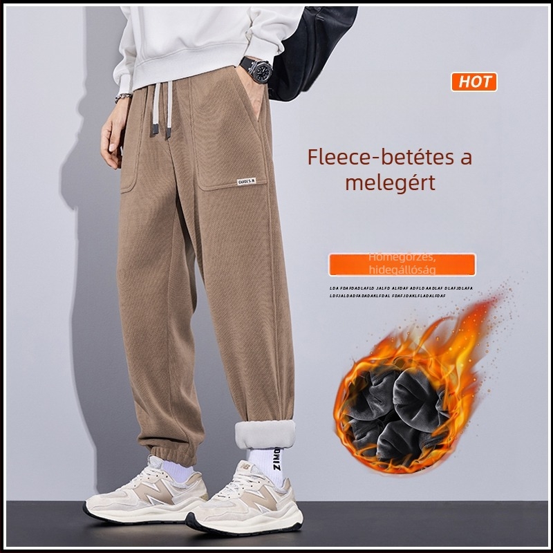 Férfi Corduroy sportos mindennapi nadrág, 65% pamut keverék, vastag téli modell, középmagas derék, övvel (2024)