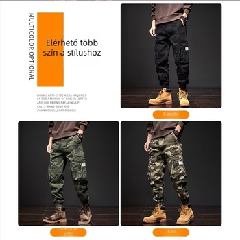 Férfi pamut camouflage cargo nadrág – középmagas derekú, lazán szabott, övvel, para-sztylús, szabadtéri sportokra