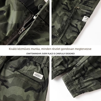 Férfi pamut camouflage cargo nadrág – középmagas derekú, lazán szabott, övvel, para-sztylús, szabadtéri sportokra
