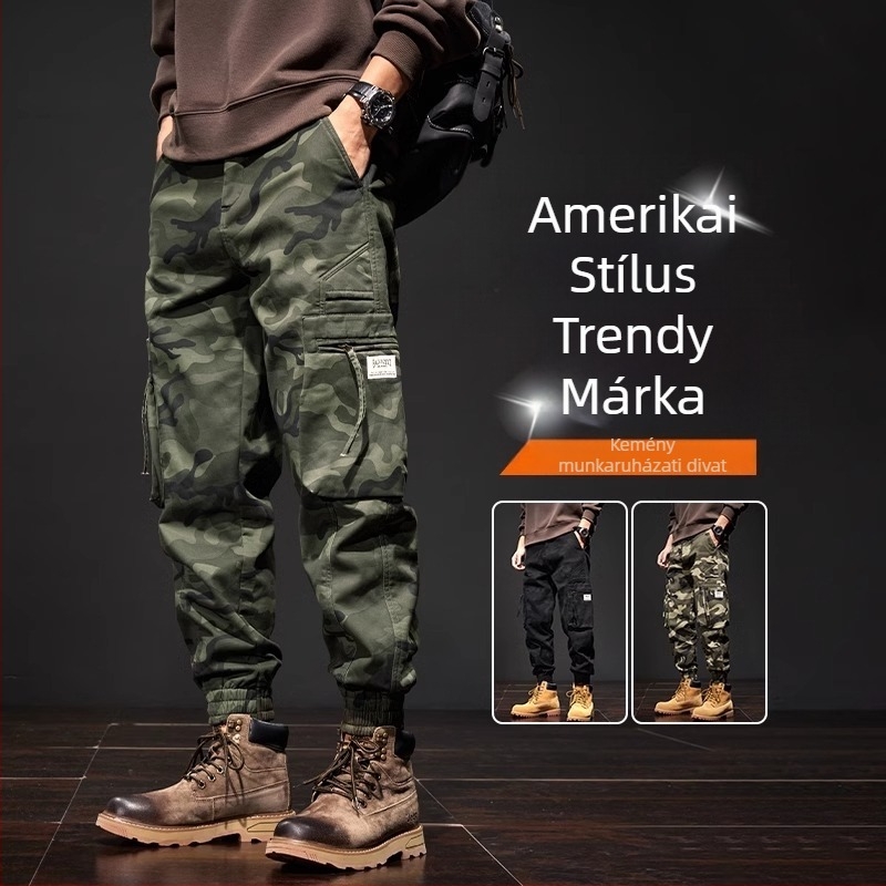 Férfi pamut camouflage cargo nadrág – középmagas derekú, lazán szabott, övvel, para-sztylús, szabadtéri sportokra