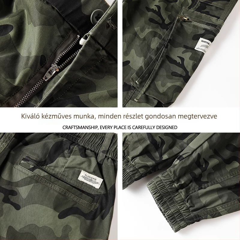 Férfi pamut camouflage cargo nadrág – középmagas derekú, lazán szabott, övvel, para-sztylús, szabadtéri sportokra